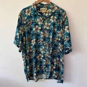 Paradise Coves Silk Hawaiian Shirt Mens XL Hibiscus Trucks Wood Buttons Collared